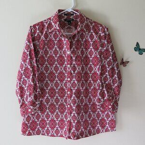 Lands End Women's Supima Red White Damask Button Down 3/4 Sleeves Size 12 NWOT